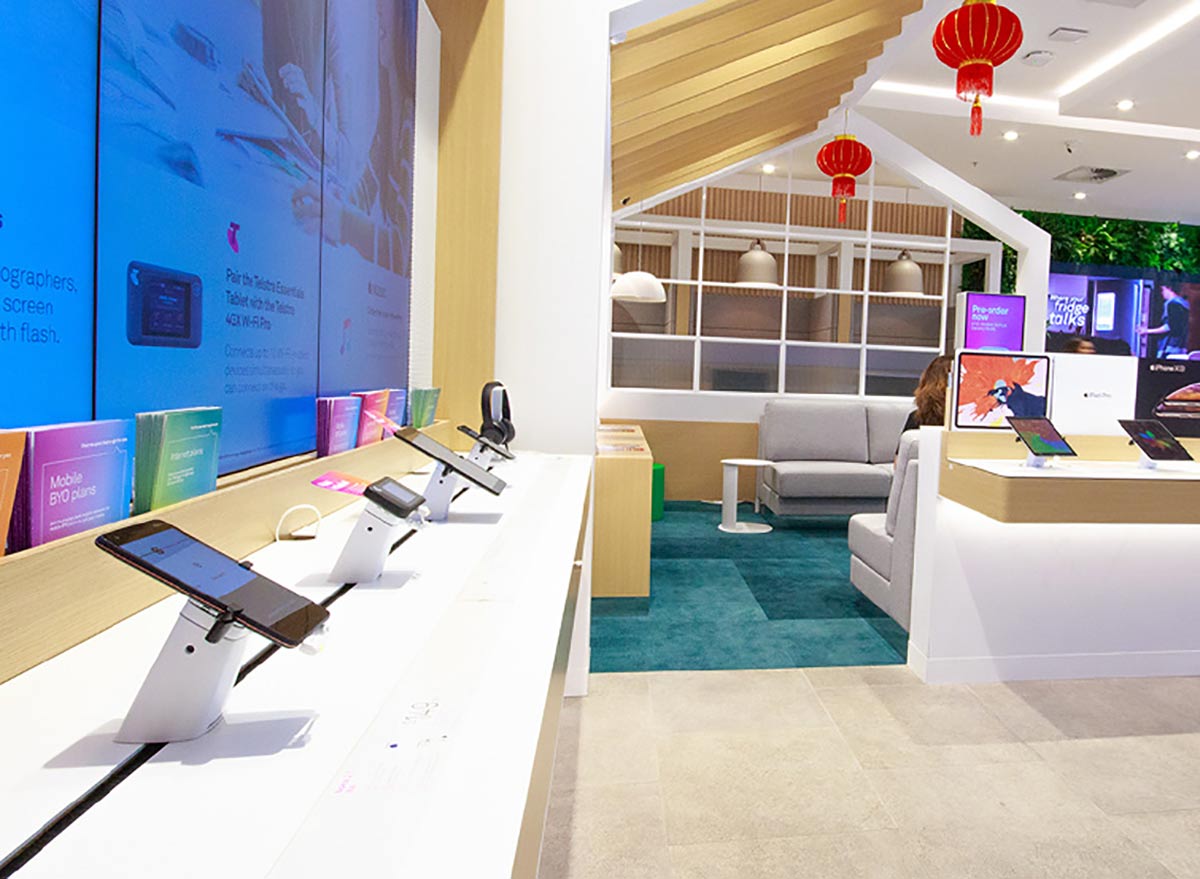 Telstra Pakenham store after new installation. Phones and tablets on display, chinese lanterns