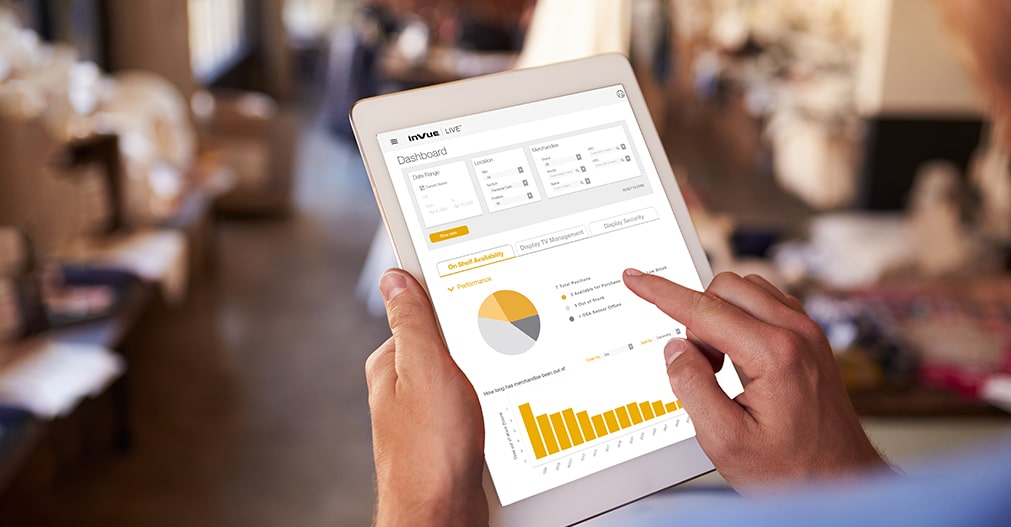 Person using dashboard of InVue LIVE platform on a tablet, LIVE Access, Product Management, retail
