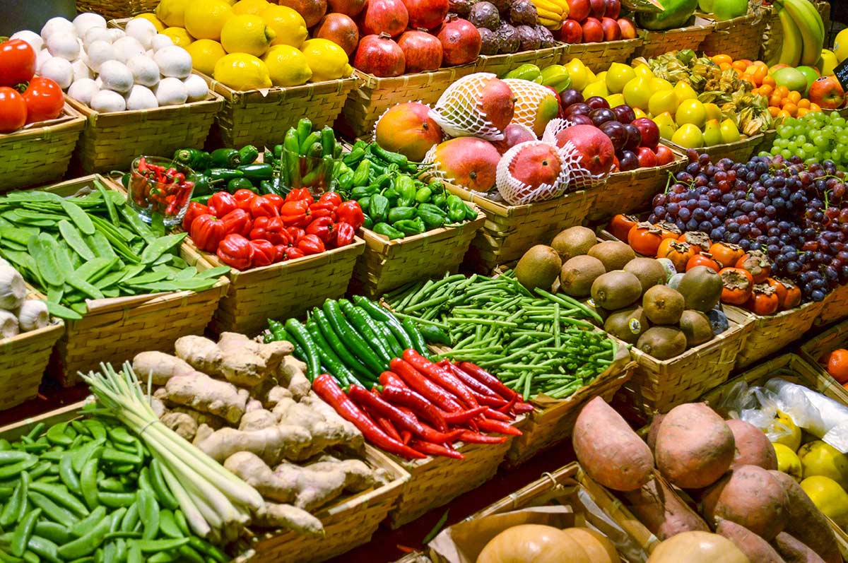 Grocery store, fresh vegetables and fruit