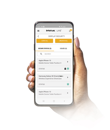 hand holding mobile phone with InVue LIVE app on screen