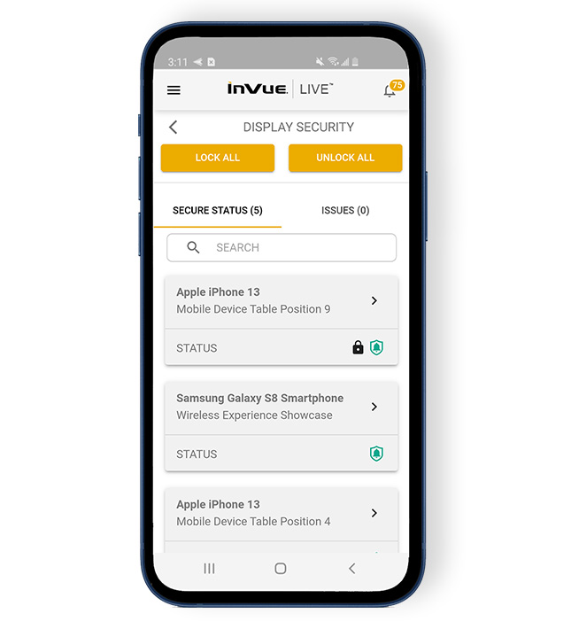 InVue Live mobile app, display security