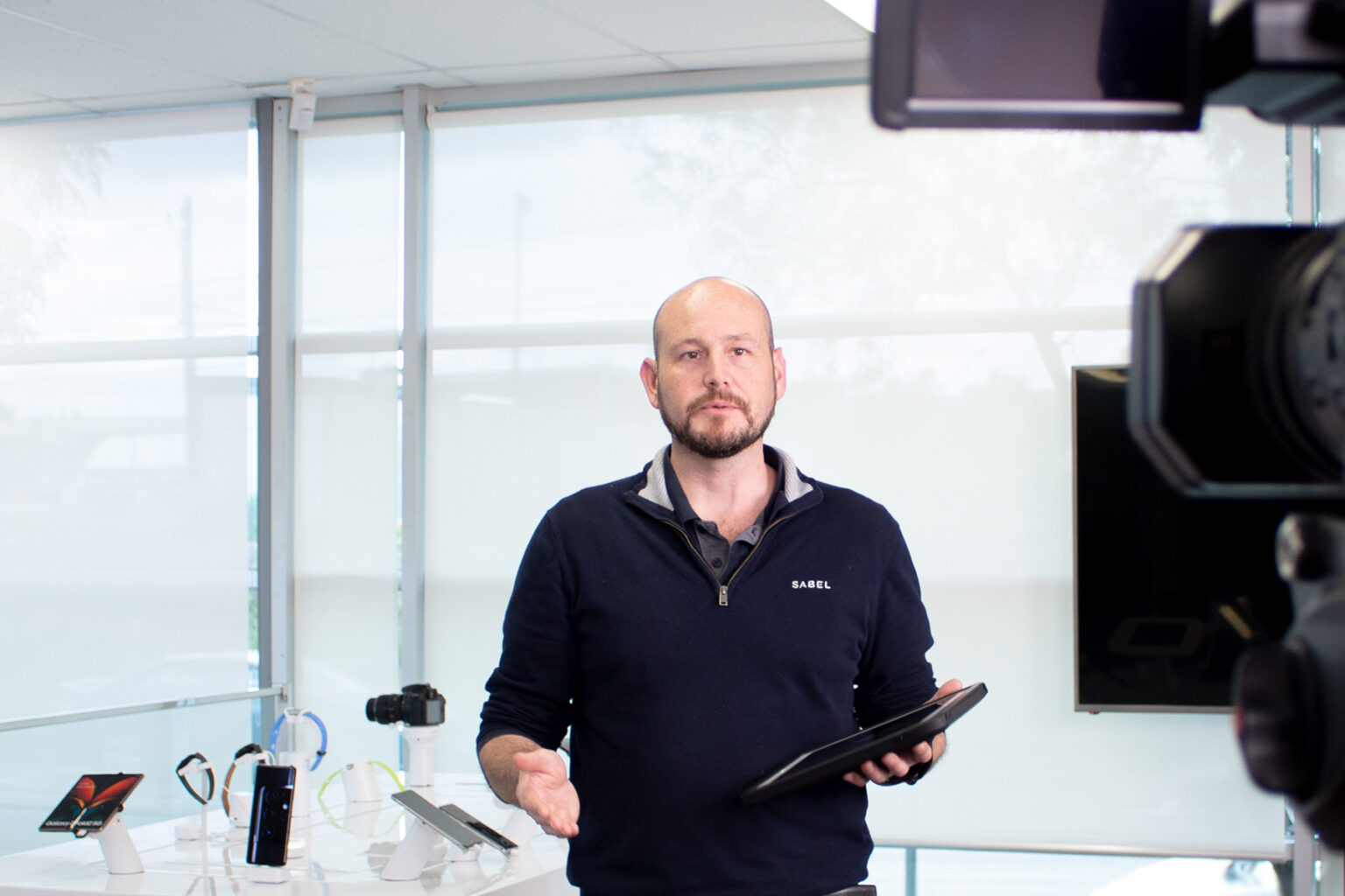 Live product demo at the Sabel office, Melbourne showroom, employee presenting