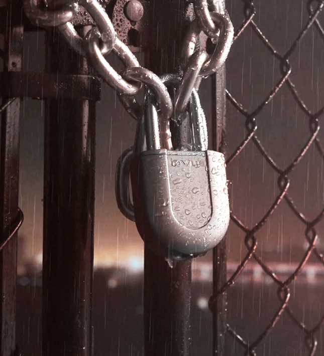 LIVE Digital Padlock, locked on outdoor security cage gates, getting wet in the rain, bad weather