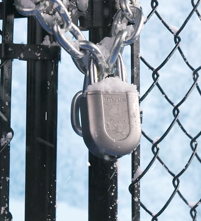 InVue Digital Padlock, securing outdoor gates in freezing cold weather, snow