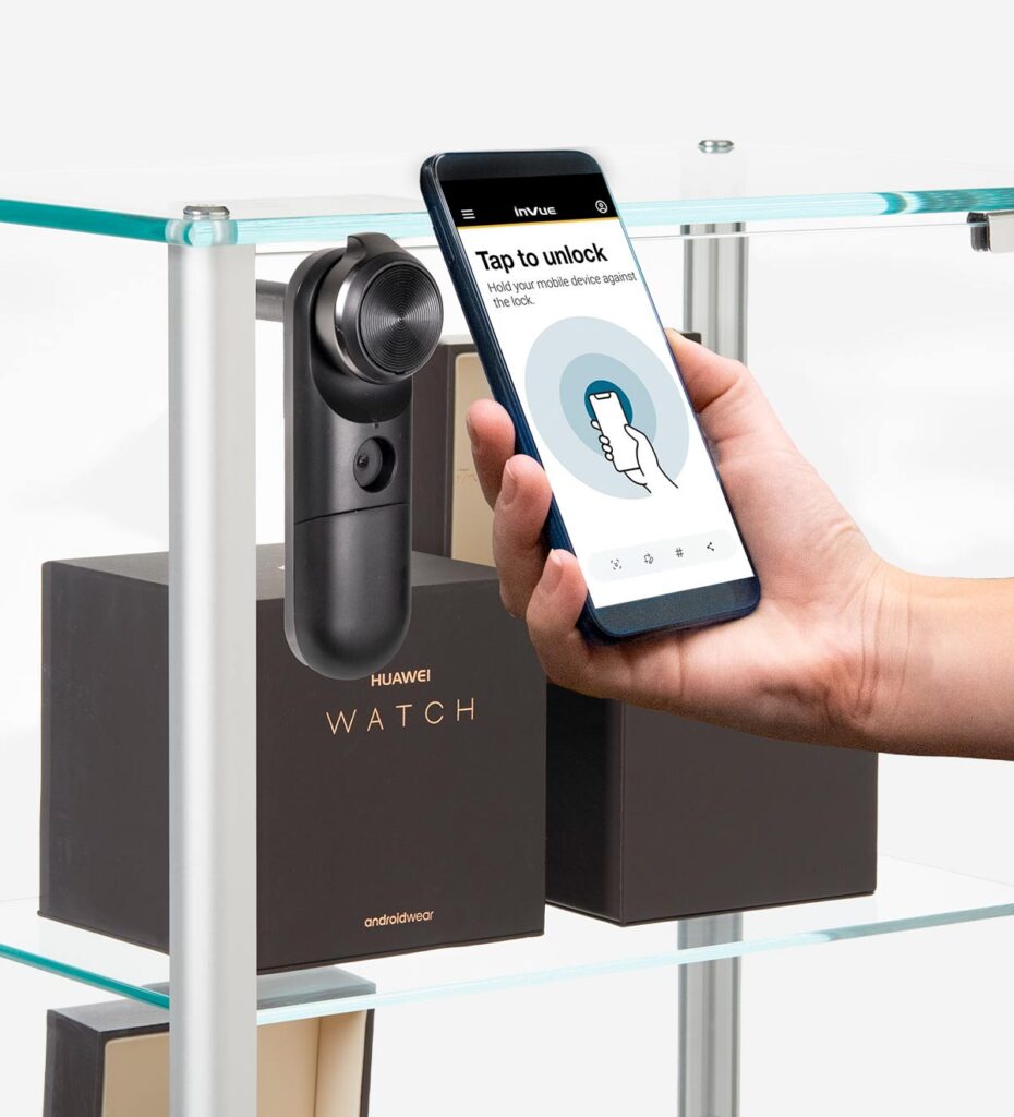 InVue LIVE Cam Lock, app based lock, being unlocked with phone app, housing perfume in glass cabinet
