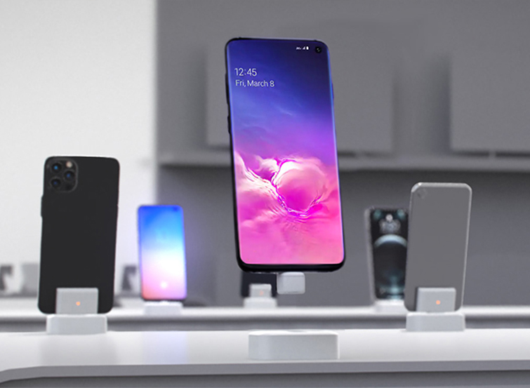 Samsung phone security, InVue, telco store, phone elevated in air to show wireless security